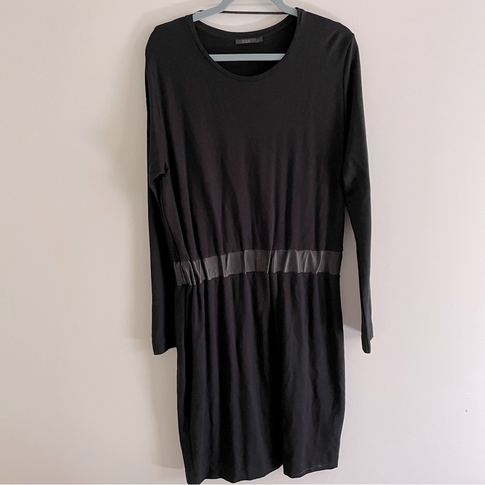 COS size L women’s long sleeve black dress midi length leather gather waist EUC